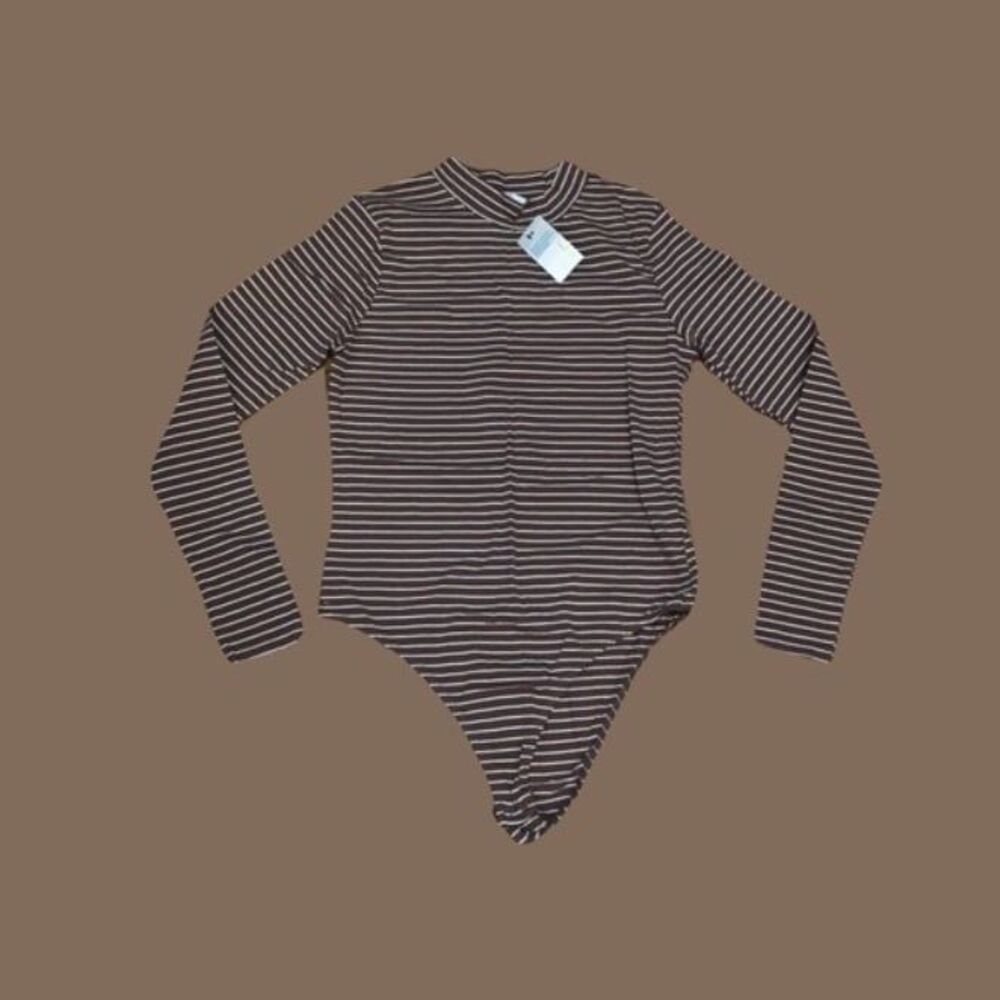 Primark LARGE Brown white striped turtle neck long sleeve bodysuit new stretchy